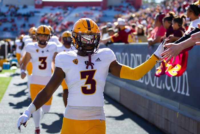 Nov 25, 2022; Tucson, Arizona, USA; Arizona State Sun Devils defensive back D.J. Taylor (3) against the Arizona Wildcats during the Territorial Cup at Arizona Stadium. Mandatory Credit: Mark J. Rebilas-USA TODAY Sports